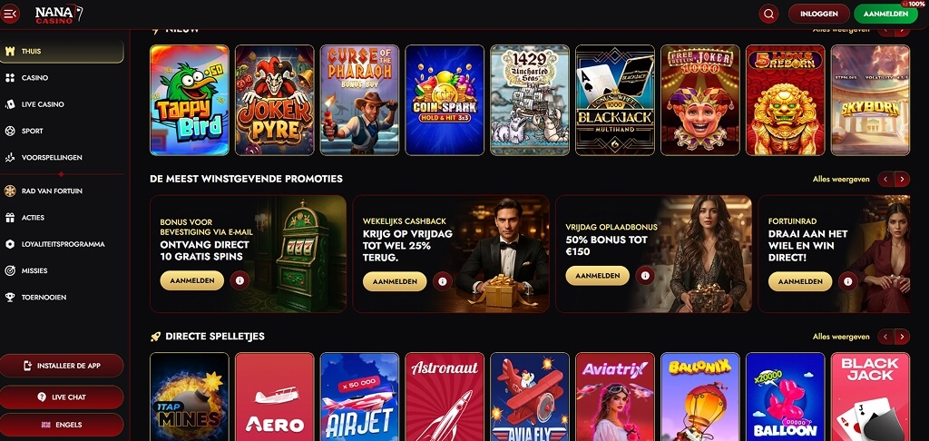Interface van het Nana Casino