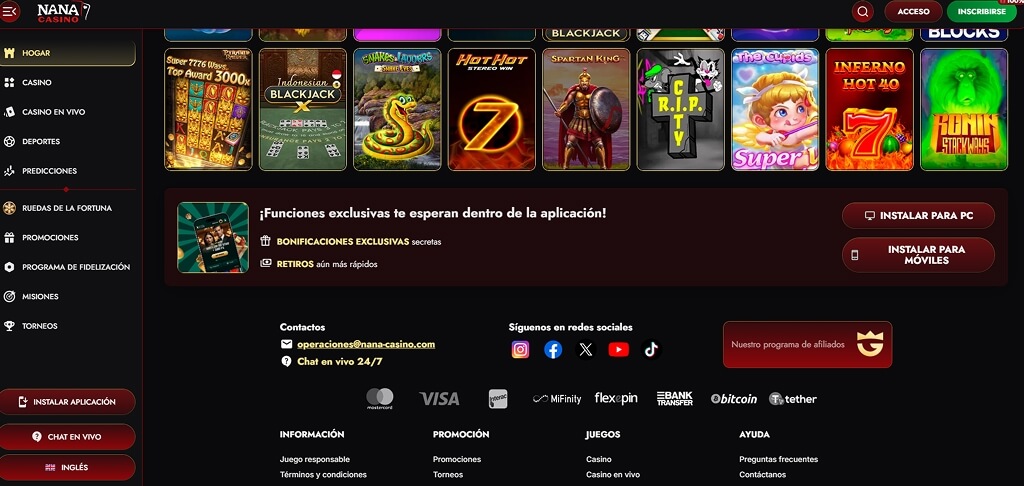 Interfaz del casino Nana